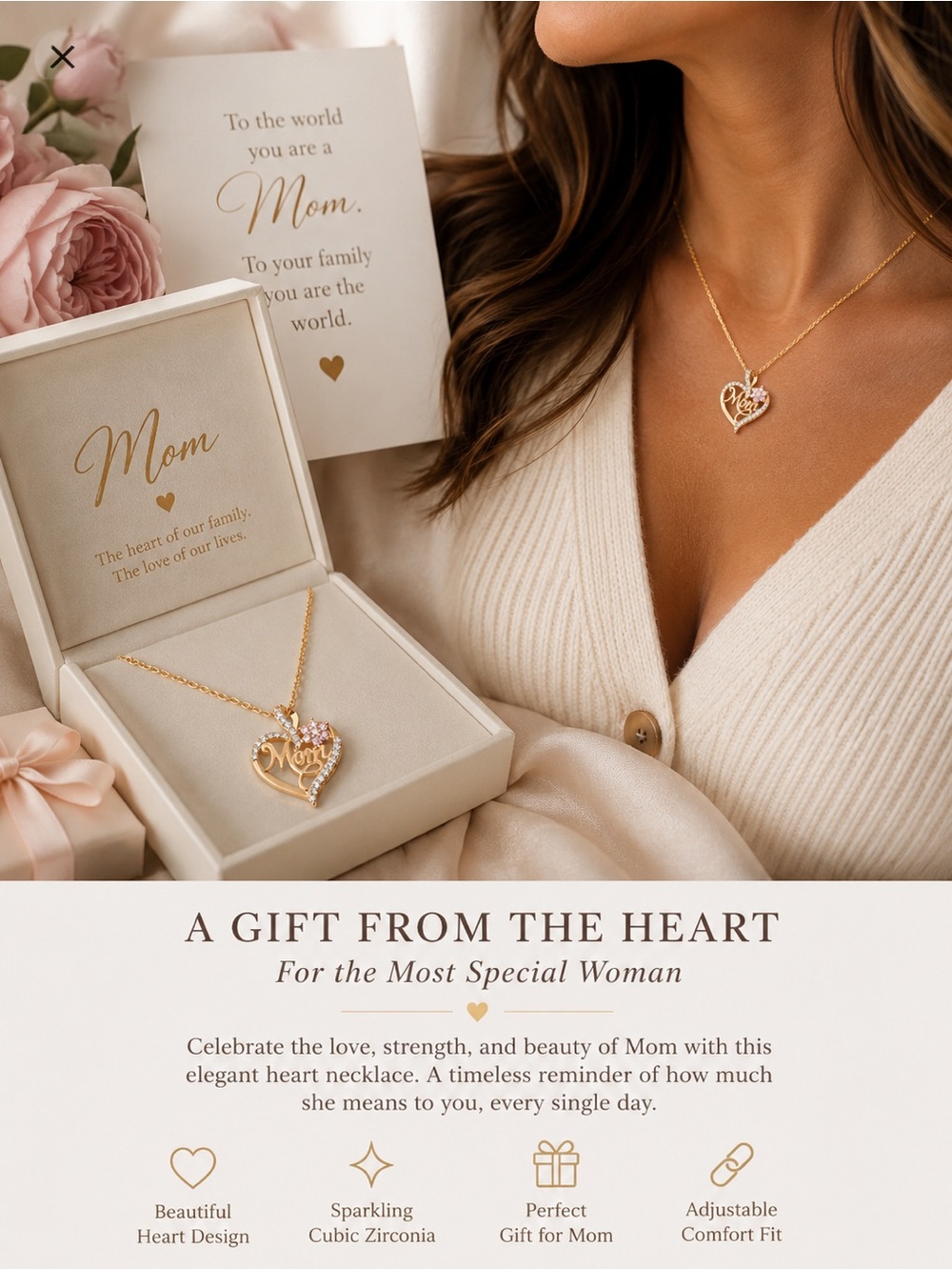 Mom Heart Pendant Necklace | Gold Crystal Heart Necklace | Meaningful Gift MOM